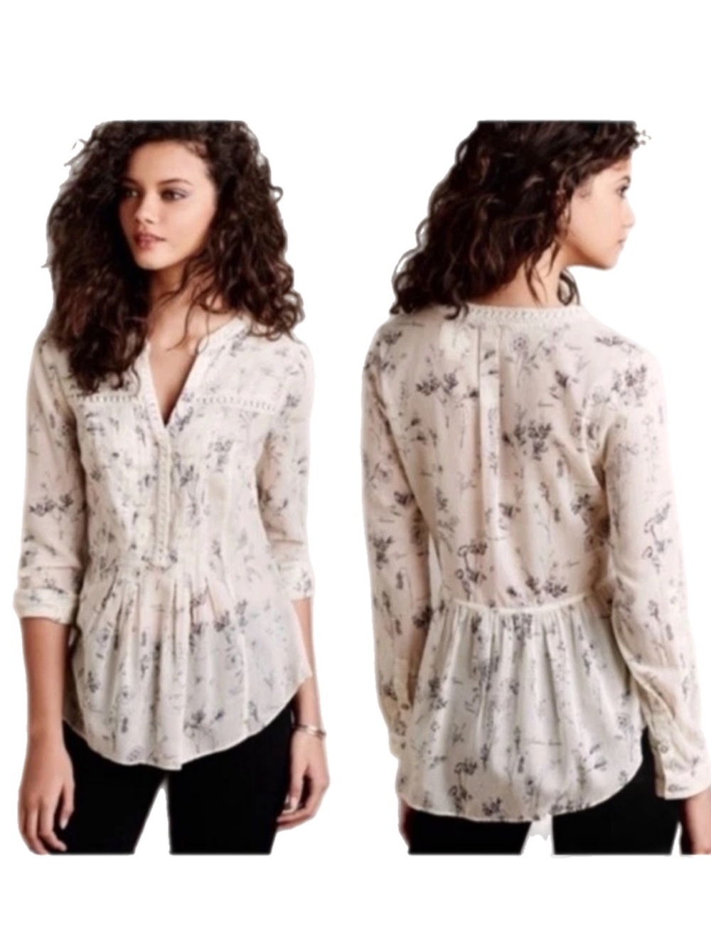 MAEVE Anthropologie Abella Top Blouse Crochet Trim Pintuck Botanical Henley Lrg